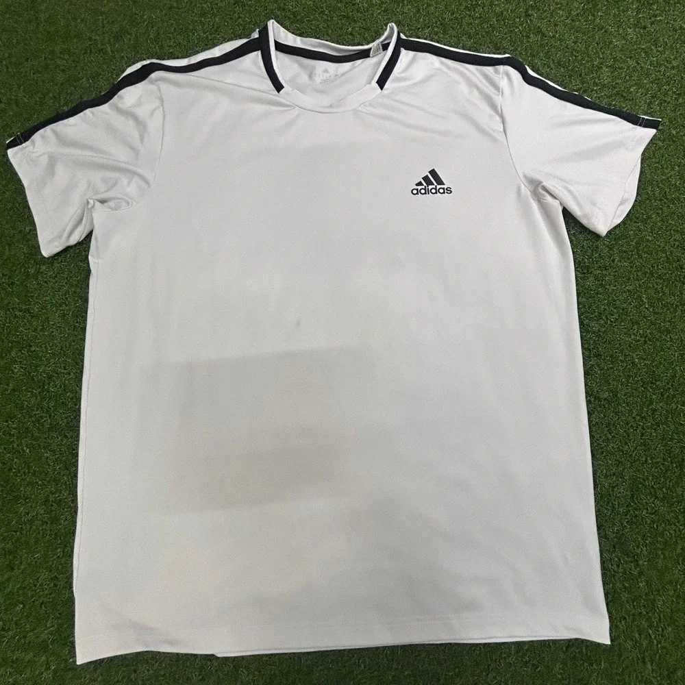 Adidas Climalite Mens XL White Black 3-Stripe Short Sleeve Athletic T-Shirt